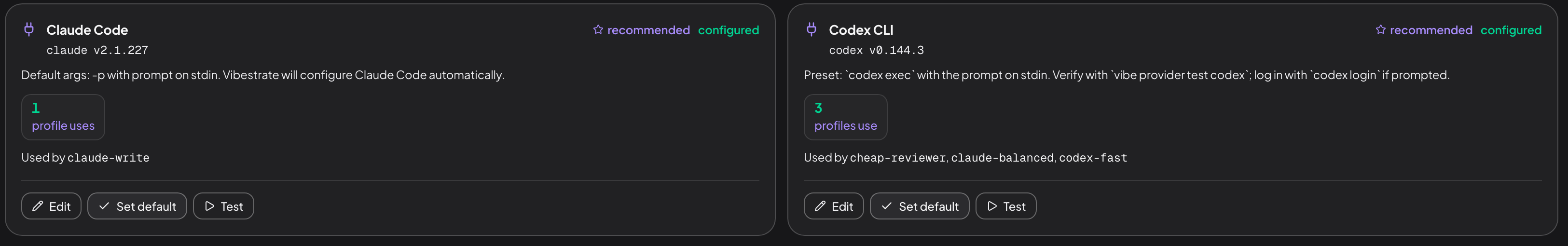 Two provider cards. Claude Code, claude v2.1.227, marked recommended and configured, showing 1 profile uses. Codex CLI, codex v0.144.3, also configured, showing 3 profiles use. Each card offers Edit, Set default and Test.